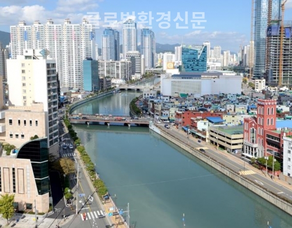 자생식물 식재는 없는 운하에 가까운 부산 동천. 부산역사문화대전