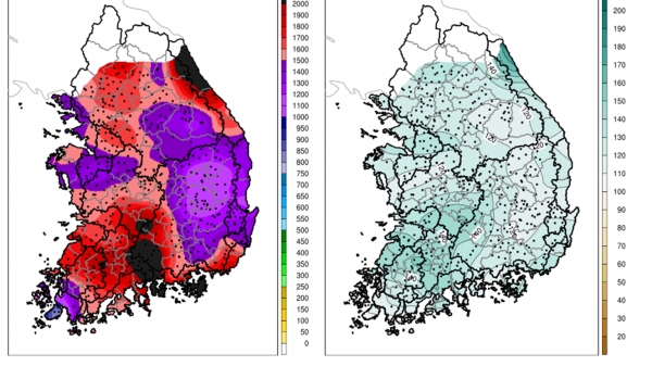 좌 (연 강수량(mm)), 우(예년대비 연 강수량(%))