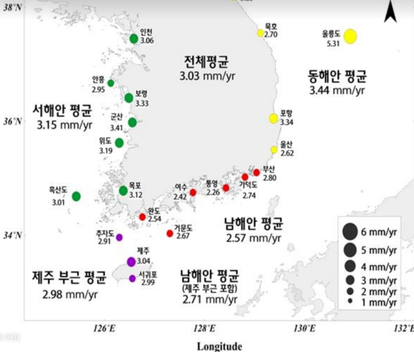 최근 34년간 해수면 상승 분포도(국립해양조사원)